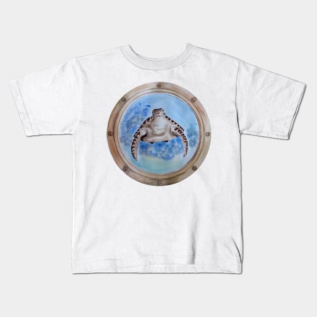 sea turtle behind the window Kids T-Shirt by Zamen